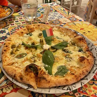 White pizza with chicken and basil