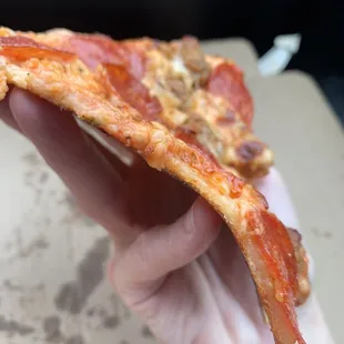 a hand holding a slice of pizza