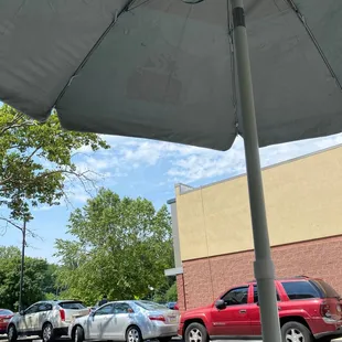 a man sitting under an umbrella