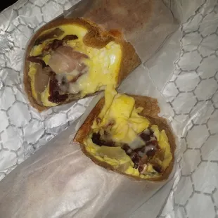 Breakfast: Beef bacon, egg and cheese wrap.