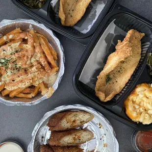 Crab Fries, Crab Egg Rolls and fried whiting