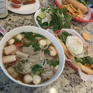 Seafood pho, Vietnamese Egg Roll, and bahn mi