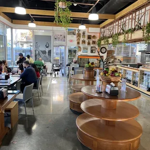 people sitting at tables and eating