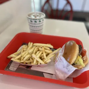 Cheeseburger meal with chocolate shake