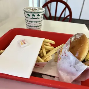 Cheeseburger meal with chocolate shake