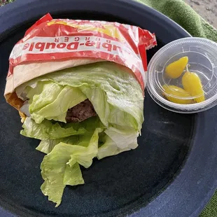 Double double animal style protein style witha side of chilies. The chilies are pretty hot so make sure you dice it up.