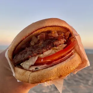 ows a hand holding a sandwich on the beach