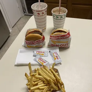 2 Double Doubles 1 Fry 2 drinks.