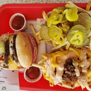 Double double, animal style fries, fries with grilled onions, hot peppers and pickles