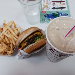 French fries, double cheeseburger, and chocolate shake