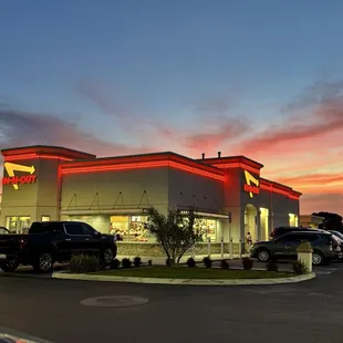 Outside at sunset.