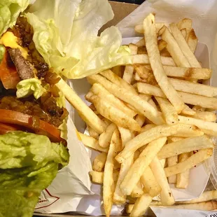 Drive through: Protein Style Cheeseburger w/ grilled onion no sauce, French Fries &amp; banana peppers