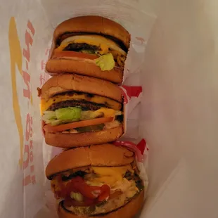 2 Double-Doubles animal style and 1 Cheeseburger animal style