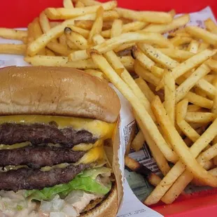 3x3, no tomatoes,  raw chopped onions, extra spread with fries well done.  Medium well next time