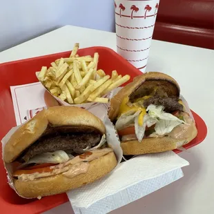 Burgers, fries and Pink Lemonade