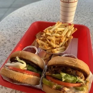 Burgers, fries and a drink