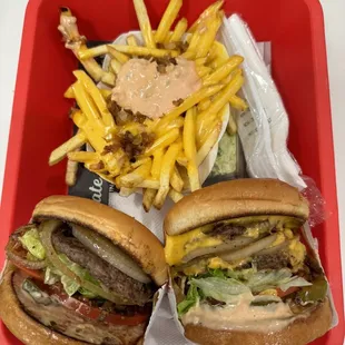 Hamburger, double double, animal fries