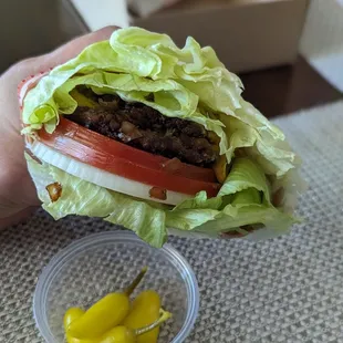 Double. Protein style.  Grilled and raw onions.