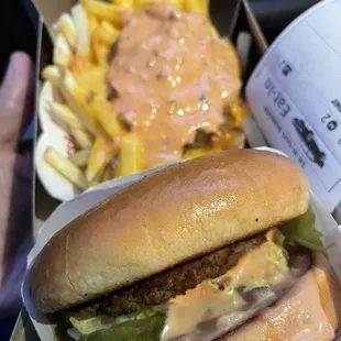 Burger and fries animal style