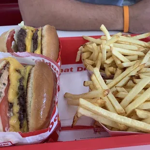 Two double doubles with fries (not pictured milkshakes)