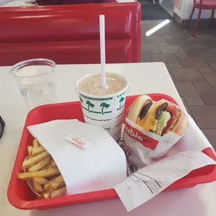 Chocolate shake, Double-double and fries.