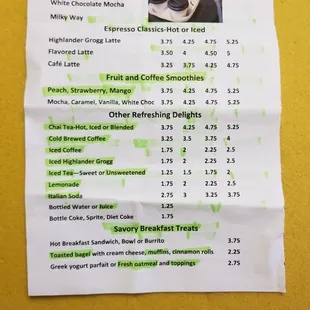 ows a menu for a coffee shop