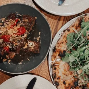 Sticky pork ribs and cipolla pizza