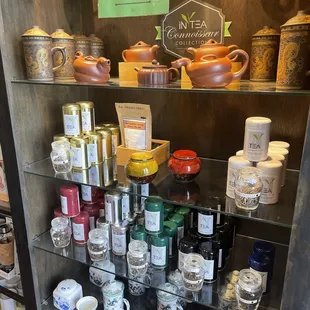 a display of tea and other tea products