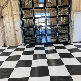 a black and white checkered floor