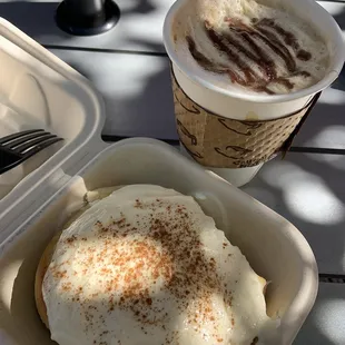 Toffee latte and cinnamon roll!