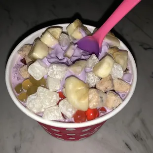 Ube w/ bananas, cookie dough, mochi &amp; boba.