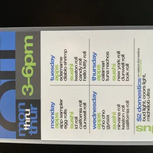 Happy hour menu. Changed every day.