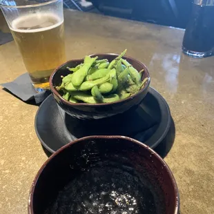 Edemame (soybeans) and a Miller Lite.