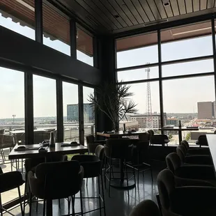a view of a city from a restaurant