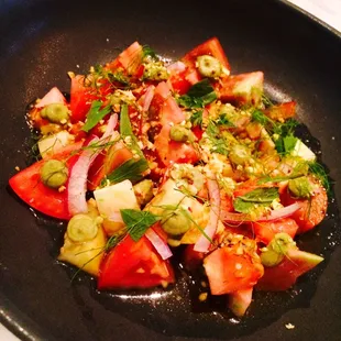 Green meadow farm tomato salad, pistachio, red onion