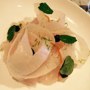 Kasu cured fluke, daikon, preserved citrus, buttermilk