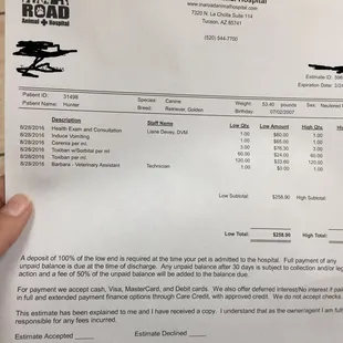 They charged me $260 for inducing vomit and charcoal. It's ridiculous! ...literally!