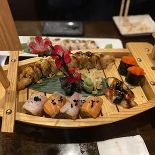 Top: Alice Girl roll Bottom: Dancing Dream roll  Right: Eel and masago nigiri