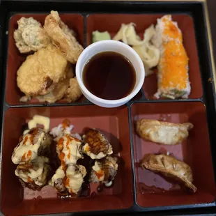 Lunch special spicy volcano bento box  Comes with all this +miso soup &amp; salad