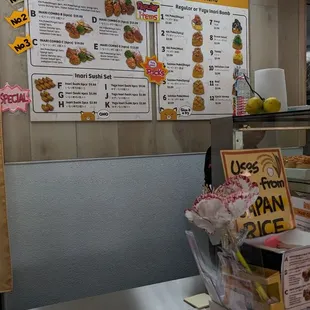 a counter with a variety of food items