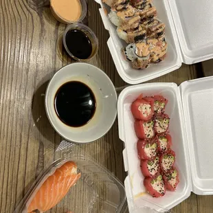 Tuna delight, Osaka roll, salmon nigiri