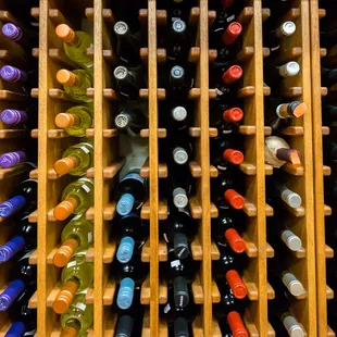 a rack of wine bottles
