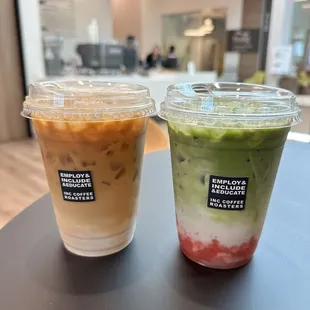 Oat milk latte and strawberry matcha w/ oat milk