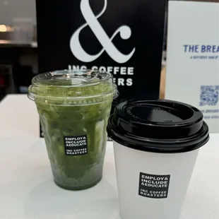 Iced Matcha Latte w/almond milk and lavender syrup; Hot White Miso w/almond milk