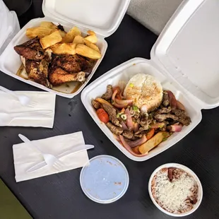 1/2 chicken with yucca fries, lomo saltado, side of red beans &amp; rice