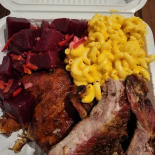 chicken and ribs platter with mac and cheese and beet salad (~$13)