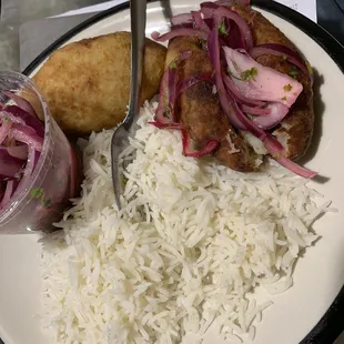Papa Rellena, Salsa Criolla and white rice
