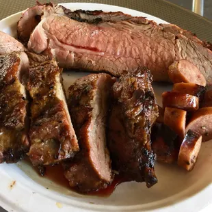 Ribs, tri-tip, bacon Bourbon sausage