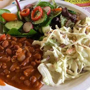 Green salad, coleslaw and homemade cooked beans