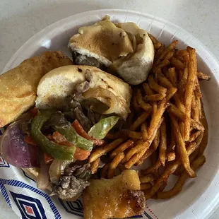 House smoke philly, brisket, fries and pretzel